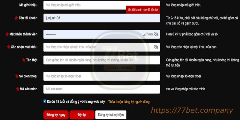 Hướng dẫn đăng ký tài khoản 77Bet siêu nhanh siêu đơn giản 2 Bieu mau dang ky tai khoan 77Bet